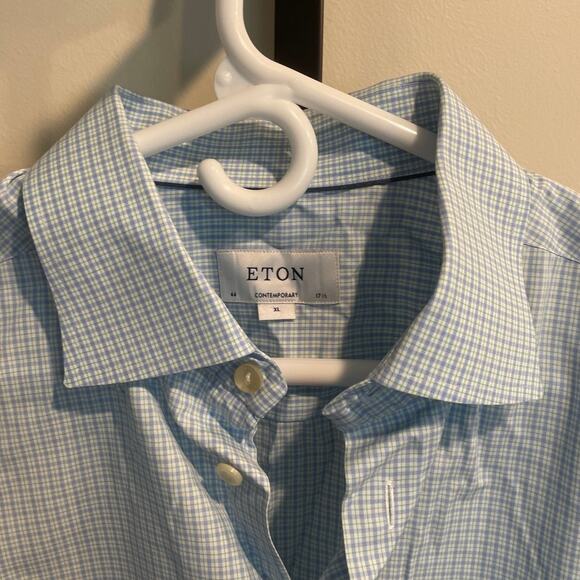 ETON Men's Cotton Plaid Contemporary Fit Dress Shirt Size 44/17.5 Light Blue - Picture 2 of 7
